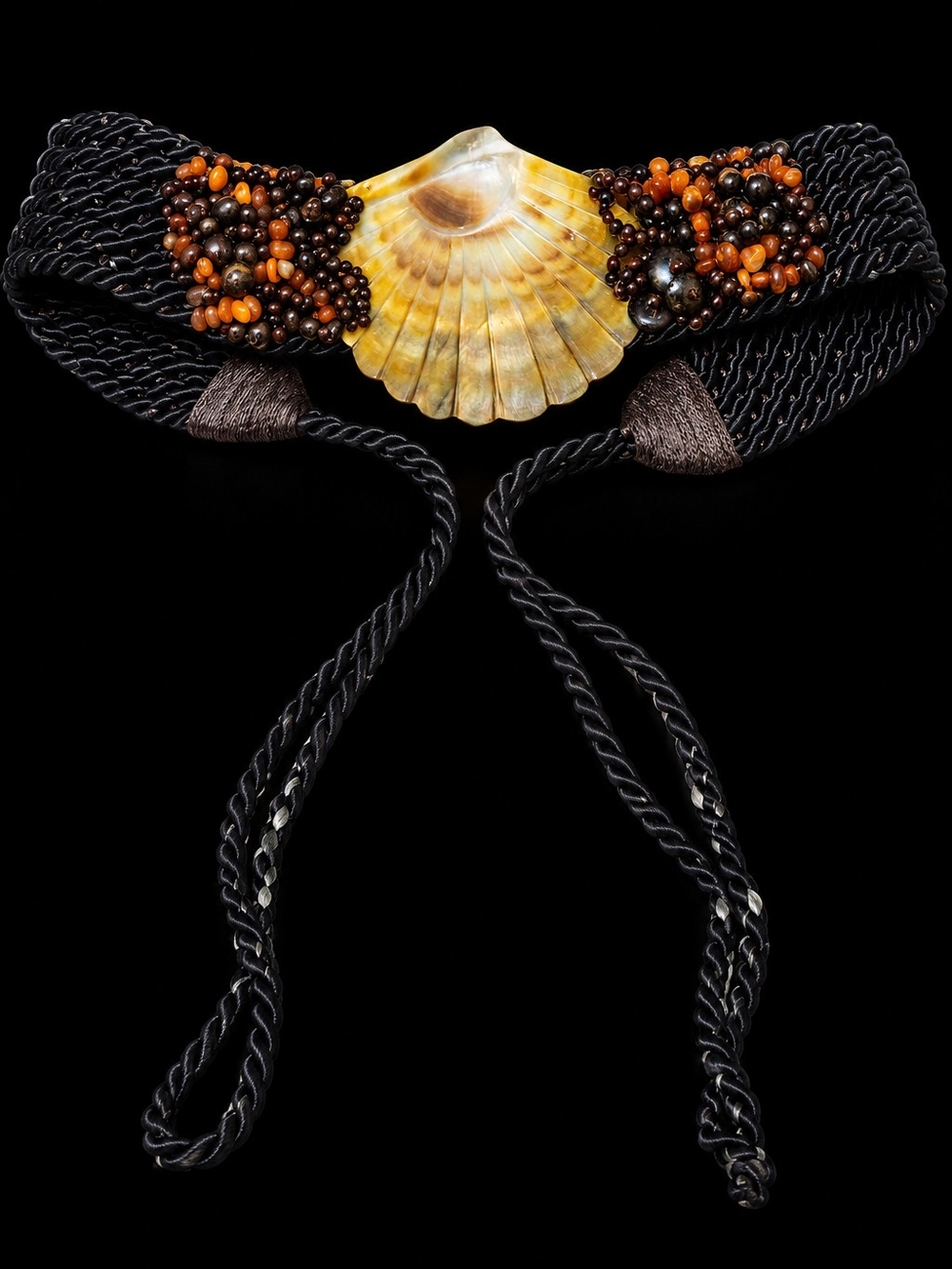 Vintage 80s Statement Belt Shell Tiger Eye Glass Beaded Black Rope XS/S